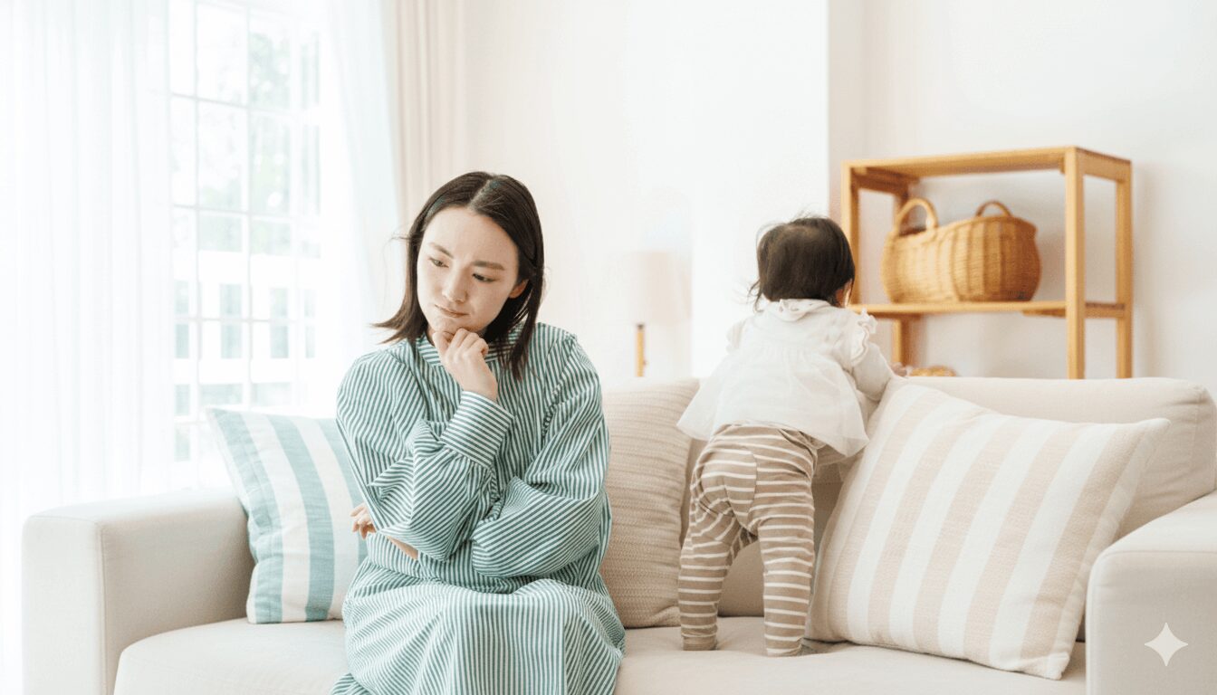 こどもが遊んでいる横で悩んでいる女性